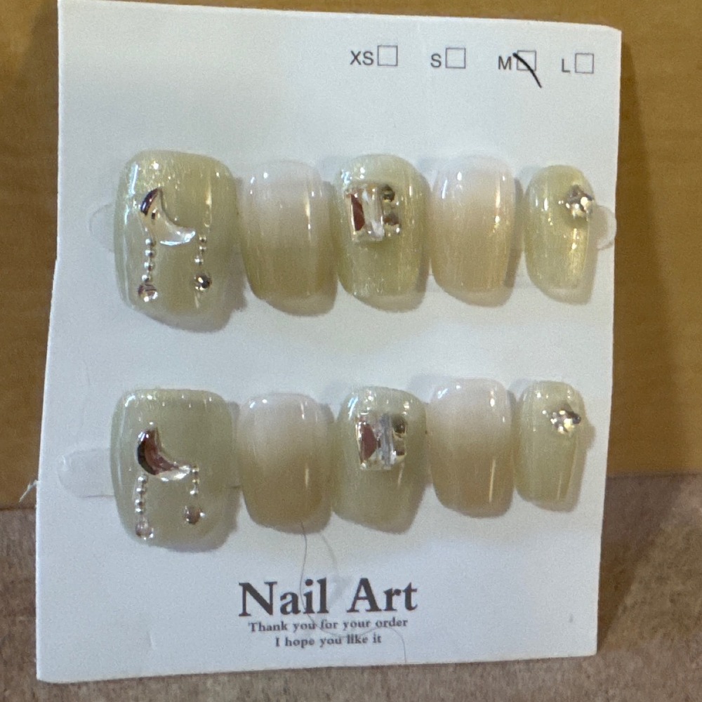 Sage Green Ombre Press On Nails Medium Celestial Moon‎ Star Crystal 10pc Set